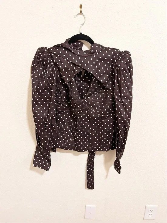 New Anthropologie Lovaan Danielle Linen Blend Polka Dot Long-Sleeve Blouse - Picture 7 of 10